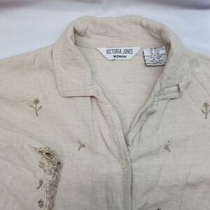 Victoria Jones Woman 1X Beige Floral Embroidered Linen Blend Button Up‎ Blouse